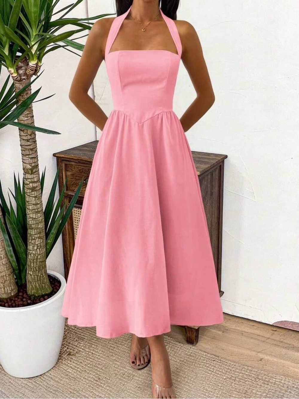 shein halter backless zip-pleated dress